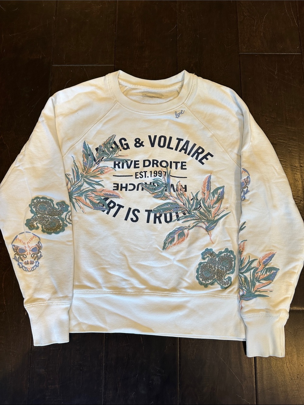 Zadig & Voltaire Off White Oversized Sweatshirt with Blue-Green Embroidery